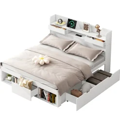 Lit adulte en MDF 135x190 cm - Avec port de recharge et rangements multifonctionnels - Blanc (matelas non inclus)