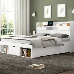 Lit adulte en MDF 135x190 cm - Avec port de recharge et rangements multifonctionnels - Blanc (matelas non inclus)