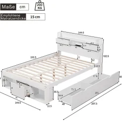 Lit adulte en MDF 140x190 cm - Avec port de recharge et rangements multifonctionnels - Blanc (matelas non inclus)
