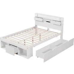 Lit adulte en MDF 140x190 cm - Avec port de recharge et rangements multifonctionnels - Blanc (matelas non inclus)