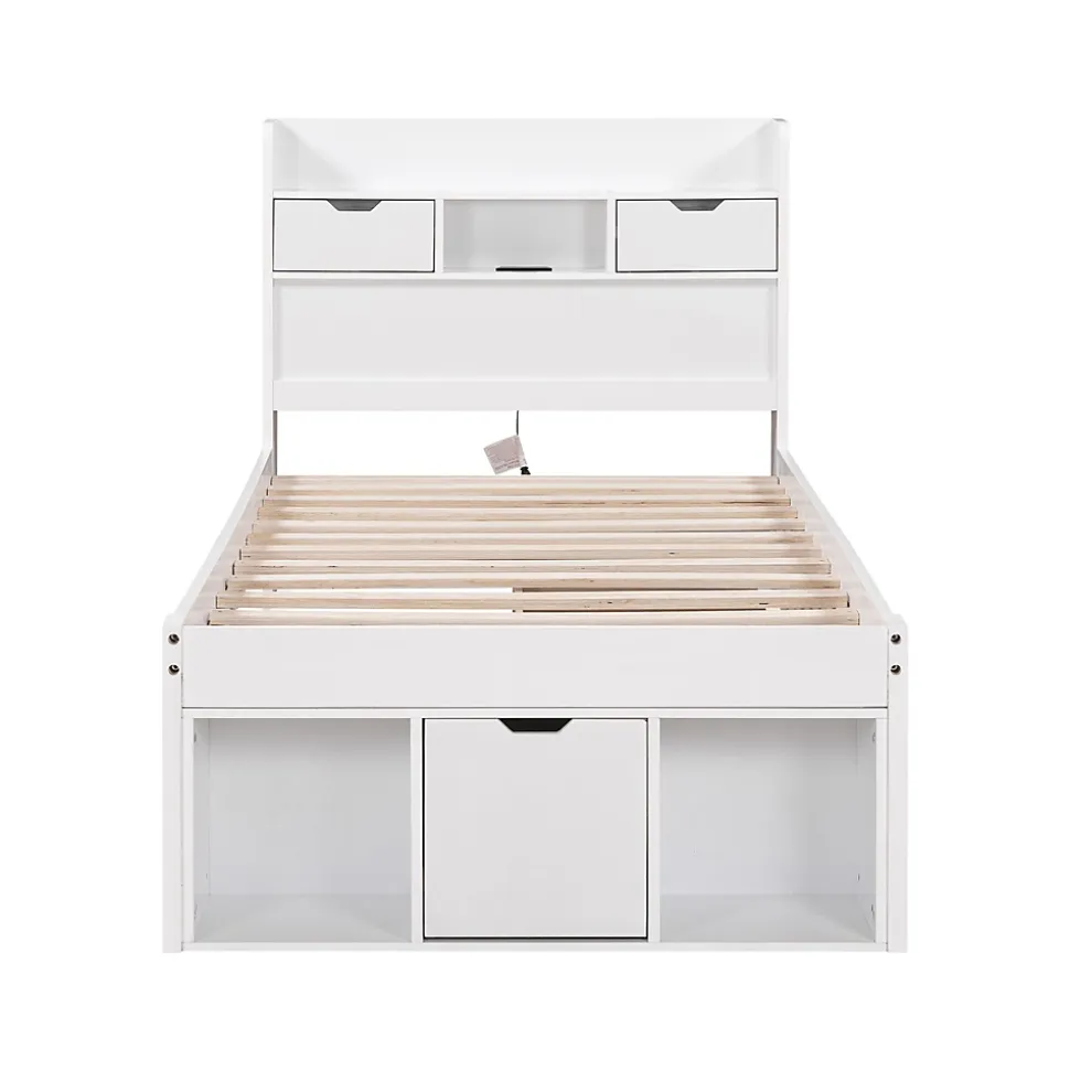Lit adulte en MDF 90x190 cm - Avec port de recharge et rangements multifonctionnels - Blanc (matelas non inclus)