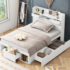Lit adulte en MDF 90x190 cm - Avec port de recharge et rangements multifonctionnels - Blanc (matelas non inclus)