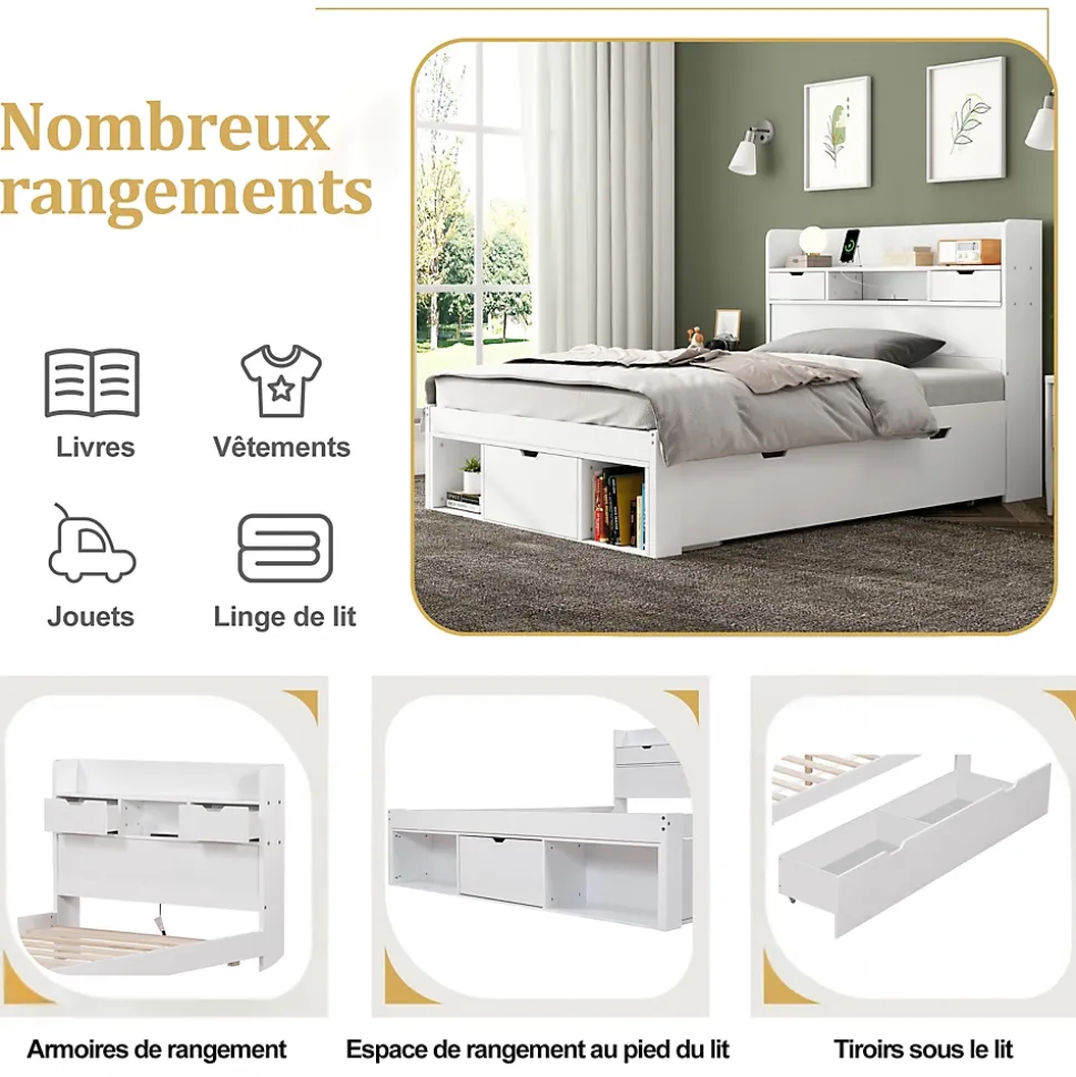 Lit adulte en MDF 90x190 cm - Avec port de recharge et rangements multifonctionnels - Blanc (matelas non inclus)