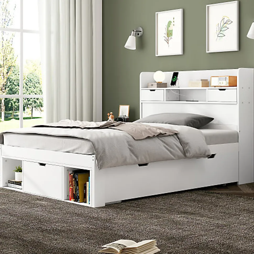 Lit adulte en MDF 90x190 cm - Avec port de recharge et rangements multifonctionnels - Blanc (matelas non inclus)