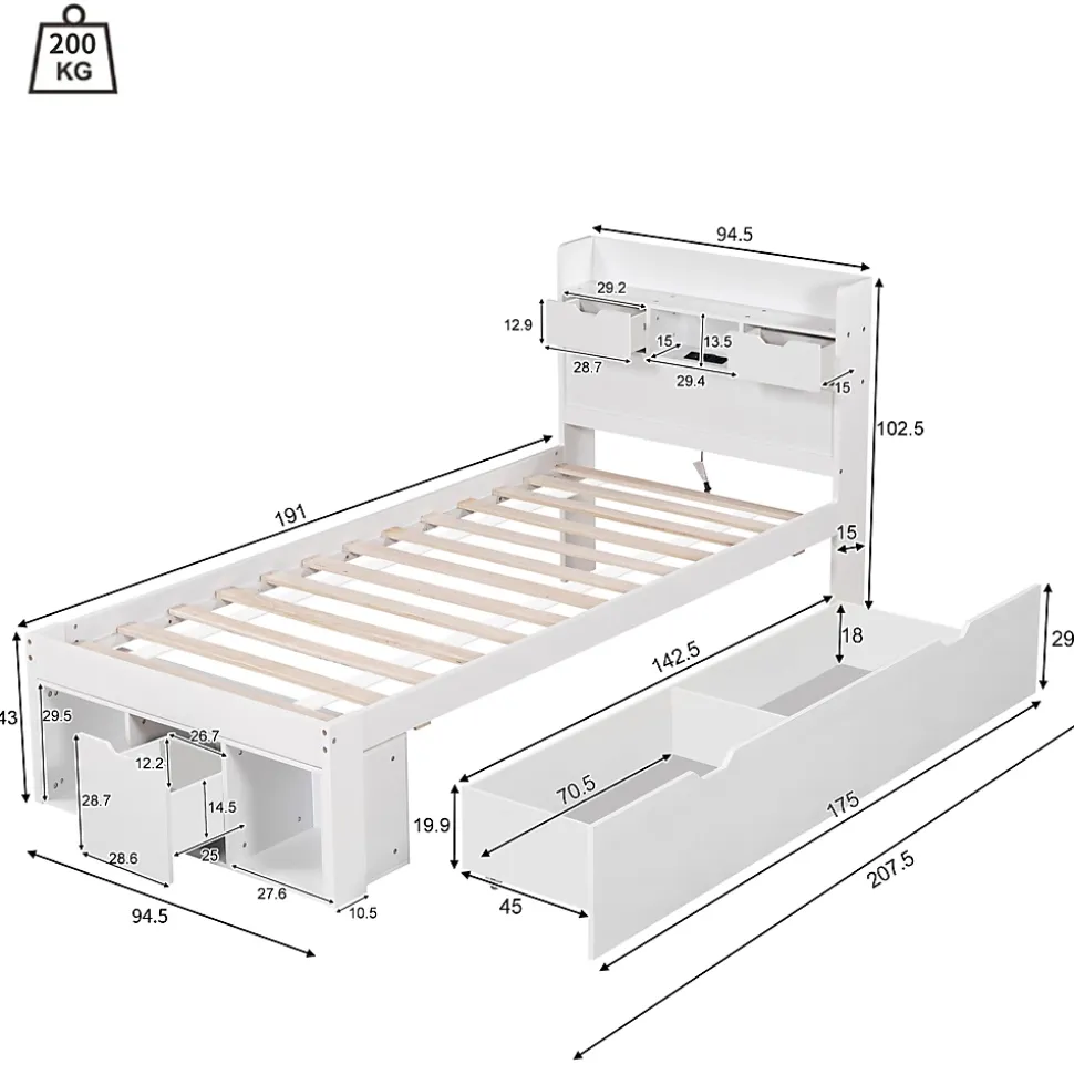 Lit adulte en MDF 90x190 cm - Avec port de recharge et rangements multifonctionnels - Blanc (matelas non inclus)