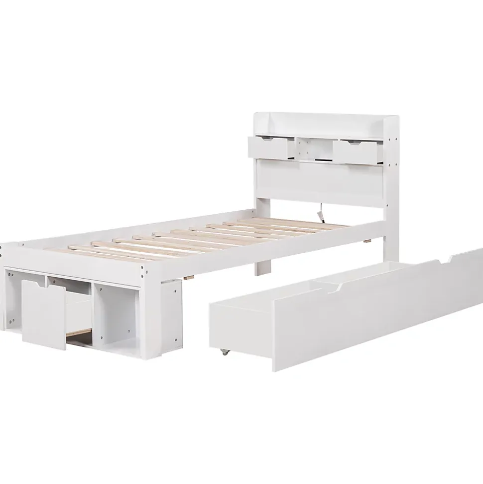 Lit adulte en MDF 90x190 cm - Avec port de recharge et rangements multifonctionnels - Blanc (matelas non inclus)
