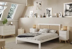 Lit adulte en pin et MDF coloris blanc, naturel - Longueur 197,7 x Profondeur 153,2 x Hauteur 100 cm