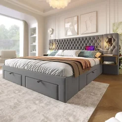 Lit adulte en velours 160x200 cm - avec 2 chevets et 4 tiroirs - 2 liseuses avec prise USB - Gris (matelas non inclus)