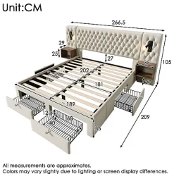 Lit adulte en velours 180x200 cm - avec 2 chevets et 4 tiroirs - 2 liseuses avec prise USB - Beige (matelas non inclus)