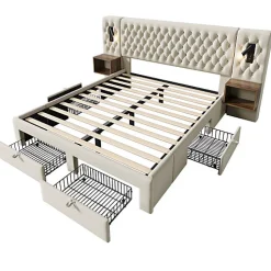 Lit adulte en velours 180x200 cm - avec 2 chevets et 4 tiroirs - 2 liseuses avec prise USB - Beige (matelas non inclus)