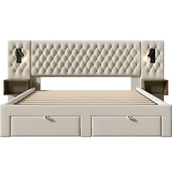 Lit adulte en velours 180x200 cm - avec 2 chevets et 4 tiroirs - 2 liseuses avec prise USB - Beige (matelas non inclus)