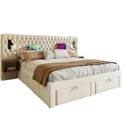 Lit adulte en velours 180x200 cm - avec 2 chevets et 4 tiroirs - 2 liseuses avec prise USB - Beige (matelas non inclus)