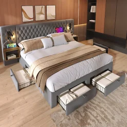 Lit adulte en velours 180x200 cm - avec 2 chevets et 4 tiroirs - 2 liseuses avec prise USB - Gris (matelas non inclus)