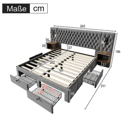 Lit adulte en velours 180x200 cm - avec 2 chevets et 4 tiroirs - 2 liseuses avec prise USB - Gris (matelas non inclus)
