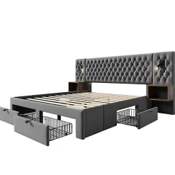 Lit adulte en velours 180x200 cm - avec 2 chevets et 4 tiroirs - 2 liseuses avec prise USB - Gris (matelas non inclus)