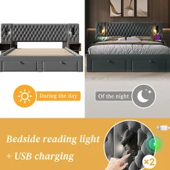 Lit adulte en velours 180x200 cm - avec 2 chevets et 4 tiroirs - 2 liseuses avec prise USB - Gris (matelas non inclus)