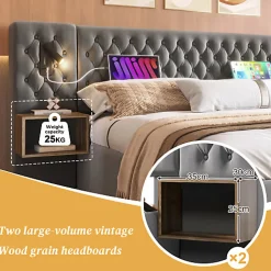 Lit adulte en velours 180x200 cm - avec 2 chevets et 4 tiroirs - 2 liseuses avec prise USB - Gris (matelas non inclus)