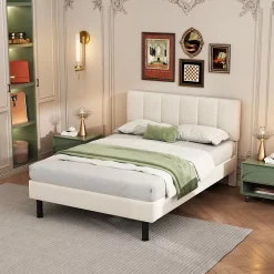Lit adulte lit cadre à lattes en bois lit 140x190 cm lit rembourré lit pieds en fer Single sherpa beige