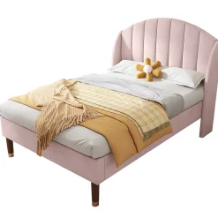 Lit adulte lit cadre à lattes en bois lit 90x200 cm lit rembourré Single velours rose