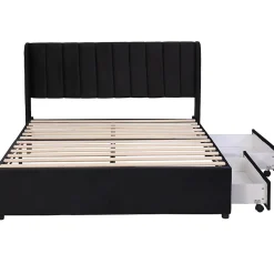 Lit adulte lit cadre à lattes en bois lit 160x200 cm lit rembourré lit 2 tiroirs lit double velours noir