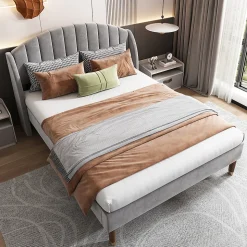 Lit adulte lit cadre à lattes en bois lit 160x200 cm lit rembourré Single velours gris