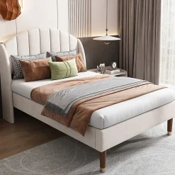 Lit adulte lit cadre à lattes en bois lit 90x200 cm lit rembourré Single velours beige