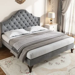 Lit adulte lit cadre à lattes en bois lit 90x200 cm lit rembourré Single velours gris