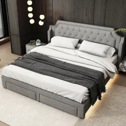 Lit adulte lit cadre à lattes en bois lit 180x200 cm lit led rembourré lit 2 tiroirs lit double lin gris