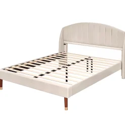 Lit adulte lit cadre à lattes en bois lit 140x200 cm lit rembourré Single velours beige