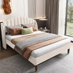 Lit adulte lit cadre à lattes en bois lit 140x200 cm lit rembourré Single velours beige