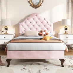 Lit adulte lit cadre à lattes en bois lit 90x200 cm lit rembourré Single velours rose