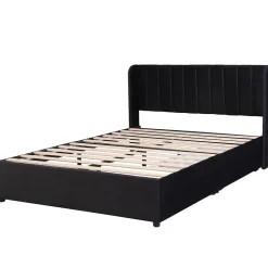 Lit adulte lit cadre à lattes en bois lit 140x200 cm lit rembourré lit 2 tiroirs lit double velours noir