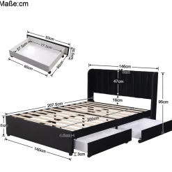 Lit adulte lit cadre à lattes en bois lit 140x200 cm lit rembourré lit 2 tiroirs lit double velours noir
