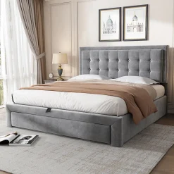 Lit adulte lit coffre lit 140x200 cm lit de rangement lit rembourré hydraulique lit 2 tiroirs lit double velours gris