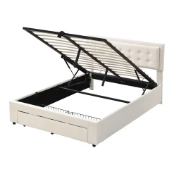 Lit adulte lit coffre lit 140x190 cm lit de rangement lit rembourré hydraulique lit 2 tiroirs lit double velours beige