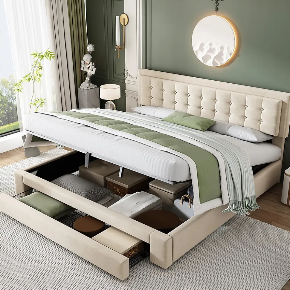 Lit adulte lit coffre lit 180x200 cm lit de rangement lit rembourré hydraulique lit 2 tiroirs lit double velours beige