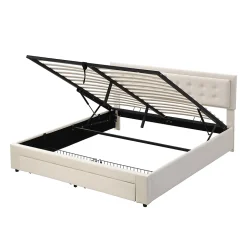 Lit adulte lit coffre lit 180x200 cm lit de rangement lit rembourré hydraulique lit 2 tiroirs lit double velours beige