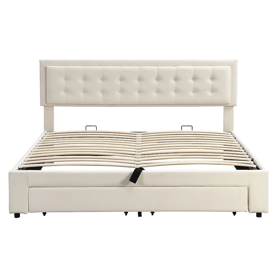 Lit adulte lit coffre lit 180x200 cm lit de rangement lit rembourré hydraulique lit 2 tiroirs lit double velours beige