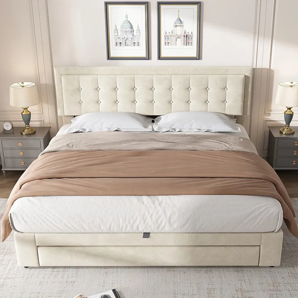 Lit adulte lit coffre lit 180x200 cm lit de rangement lit rembourré hydraulique lit 2 tiroirs lit double velours beige