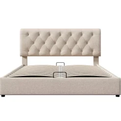 Lit adulte lit coffre lit 140x200 cm lit de rangement lit rembourré hydraulique lit en métal lit double lin gris clair