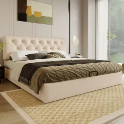 Lit adulte lit coffre lit 140x200 cm lit de rangement lit rembourré hydraulique lit en métal lit double lin gris clair