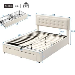 Lit adulte lit coffre lit 140x200 cm lit de rangement lit rembourré hydraulique lit 2 tiroirs lit double velours beige
