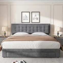 Lit adulte lit coffre lit 180x200 cm lit de rangement lit rembourré hydraulique lit 2 tiroirs lit double velours gris