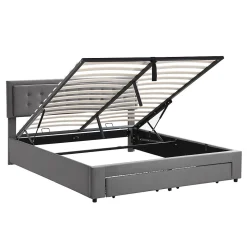 Lit adulte lit coffre lit 180x200 cm lit de rangement lit rembourré hydraulique lit 2 tiroirs lit double velours gris