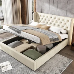 Lit adulte lit coffre lit 140x200 cm lit de rangement lit rembourré hydraulique lit en métal lit double velours beige