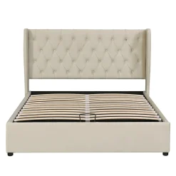 Lit adulte lit coffre lit 140x200 cm lit de rangement lit rembourré hydraulique lit en métal lit double velours beige