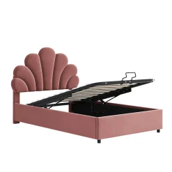 Lit adulte lit coffre lit 90x200 cm lit de rangement lit rembourré hydraulique lit cadre à lamelles Single velours rose