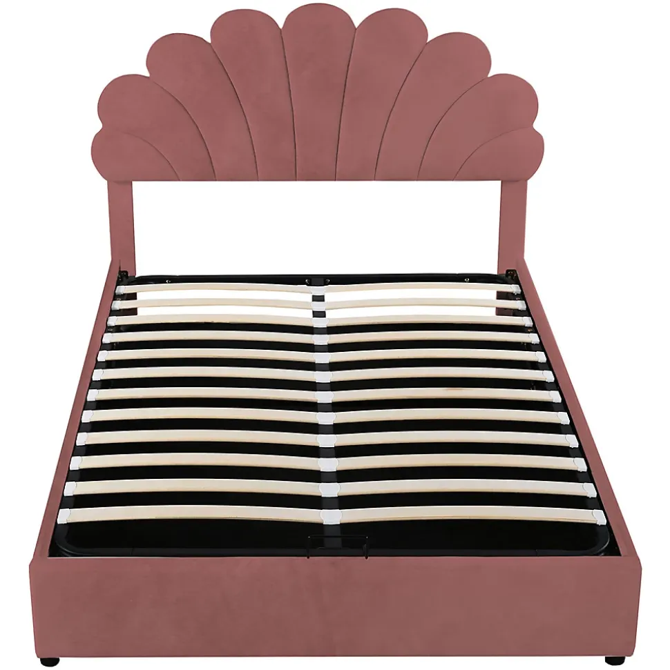 Lit adulte lit coffre lit 140x200 cm lit de rangement lit rembourré hydraulique lit cadre à lamelles lit double velours rose