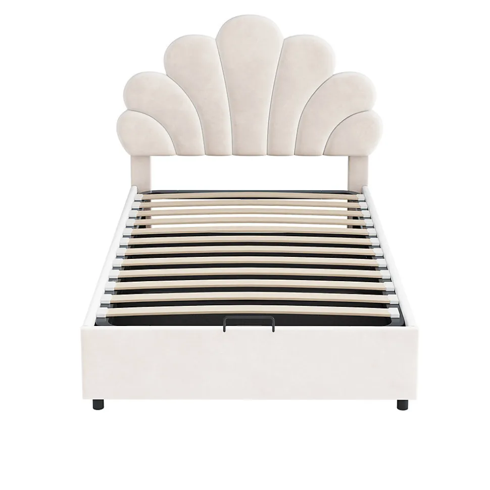 Lit adulte lit coffre lit 90x200 cm lit de rangement lit rembourré hydraulique lit cadre à lamelles Single velours beige