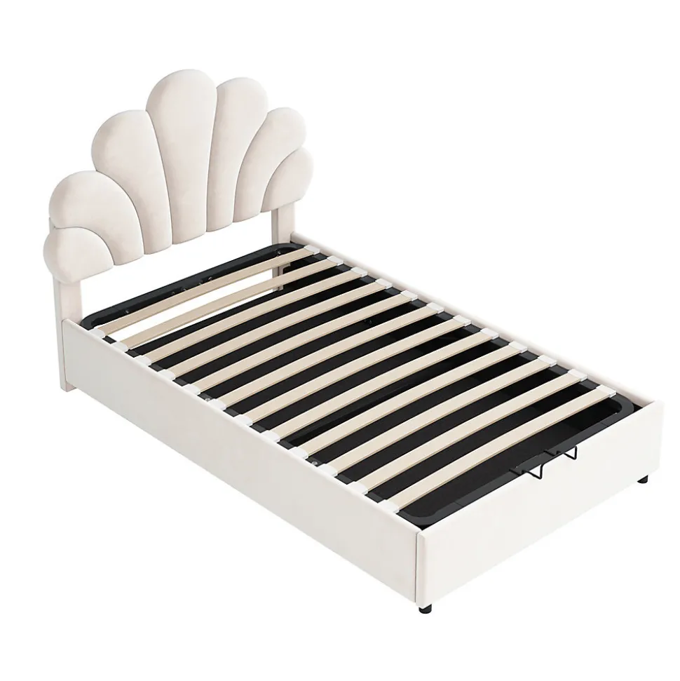 Lit adulte lit coffre lit 90x200 cm lit de rangement lit rembourré hydraulique lit cadre à lamelles Single velours beige